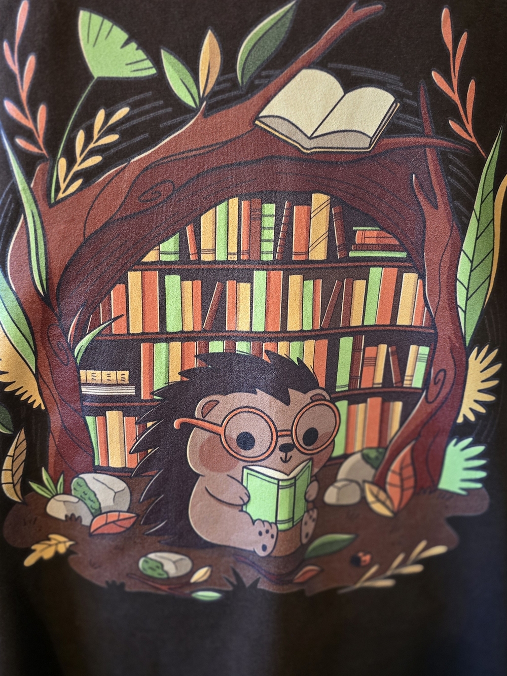 Hedgehog Reading Tree Graphic Tee — Brown Tee XXL